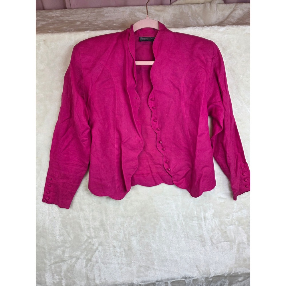Harolds Vintage Fuchsia Pink‎ 100% Linen Scalloped Hem Blazer Jacket Womens 4